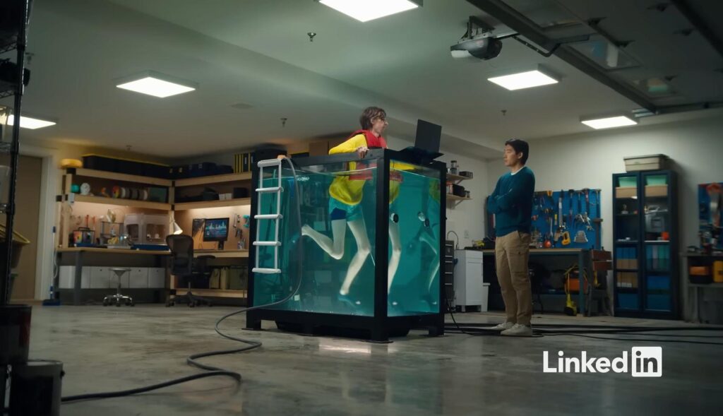 Un hombre metido en un tanque de agua habla con otro