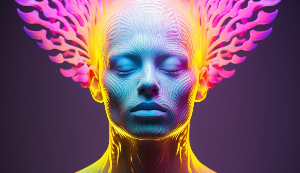 La ilustración de un rostro con ojos cerrados y unas líneas de colores que se elevan hacia arriba