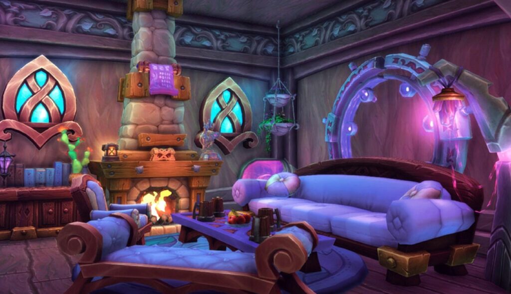 Un salón con chimenea en el videojuego