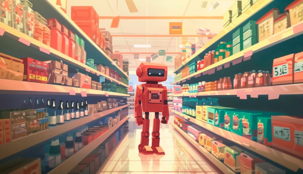 La ilustración de un robot en el pasillo de un supermercado