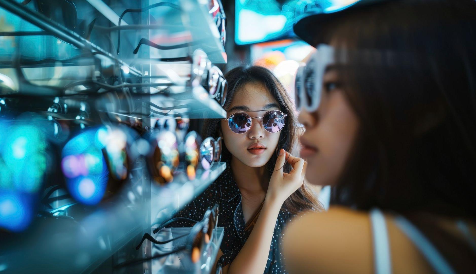 Dos chicas se prueban gafas de sol en una tienda