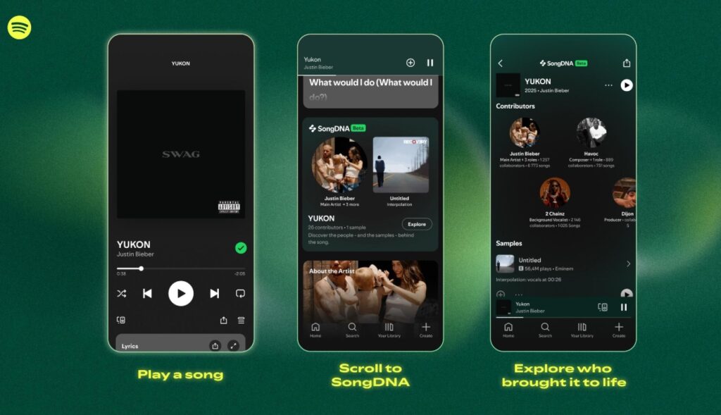 La interfaz de SongDNA en tres pantallas de teléfono diferentes, mostrando las diferentes opciones de la funcionalidad