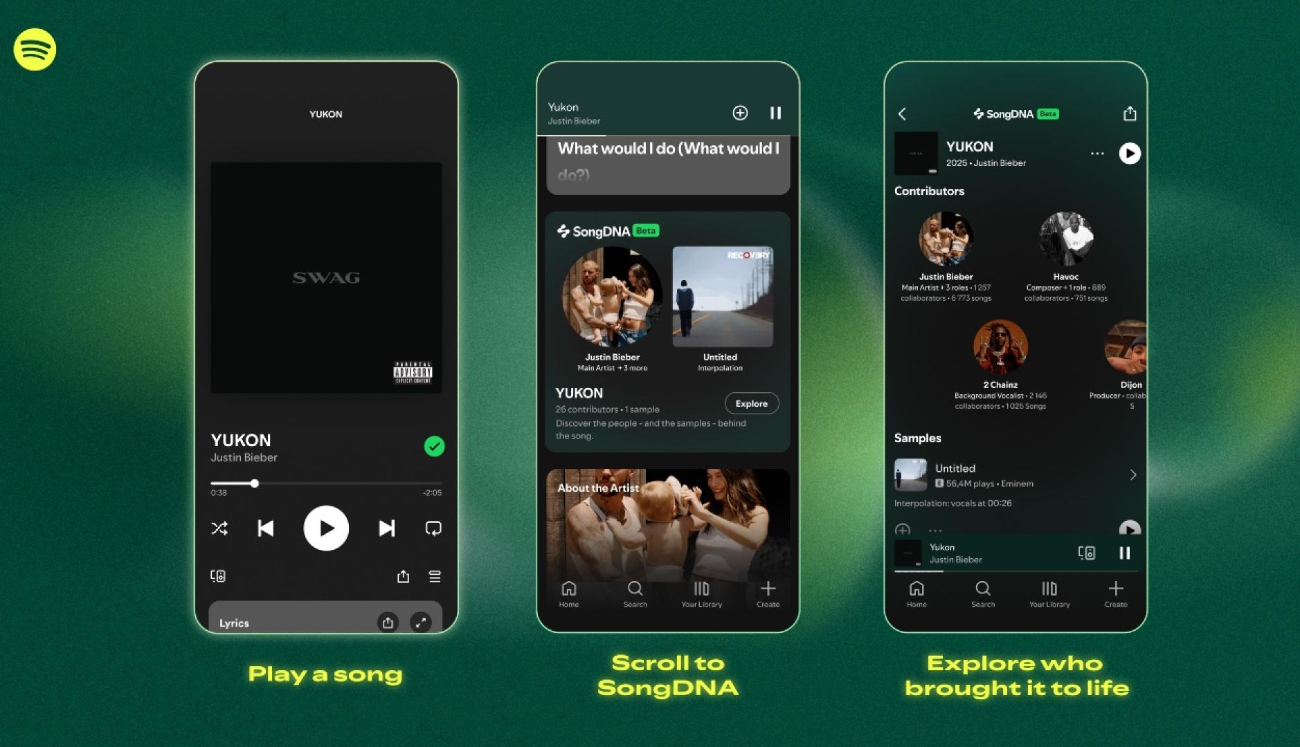 La interfaz de SongDNA en tres pantallas de teléfono diferentes, mostrando las diferentes opciones de la funcionalidad