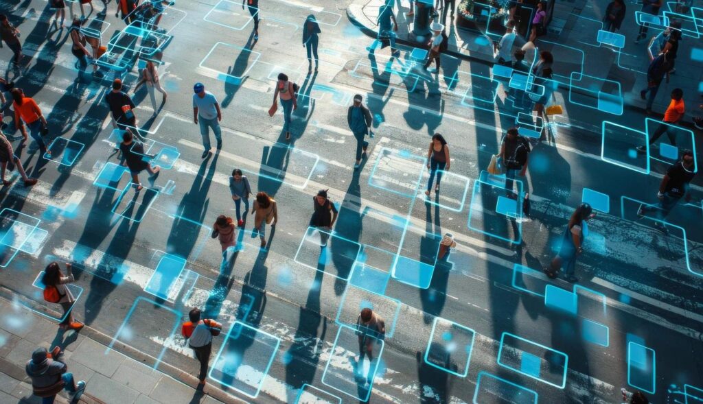 Personas caminando por calle con sobreimpresiones digitales