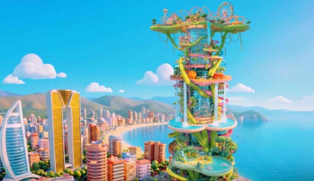 Una ilustración de Benidorm donde se ve el rascacielos surrealista de muchos colores