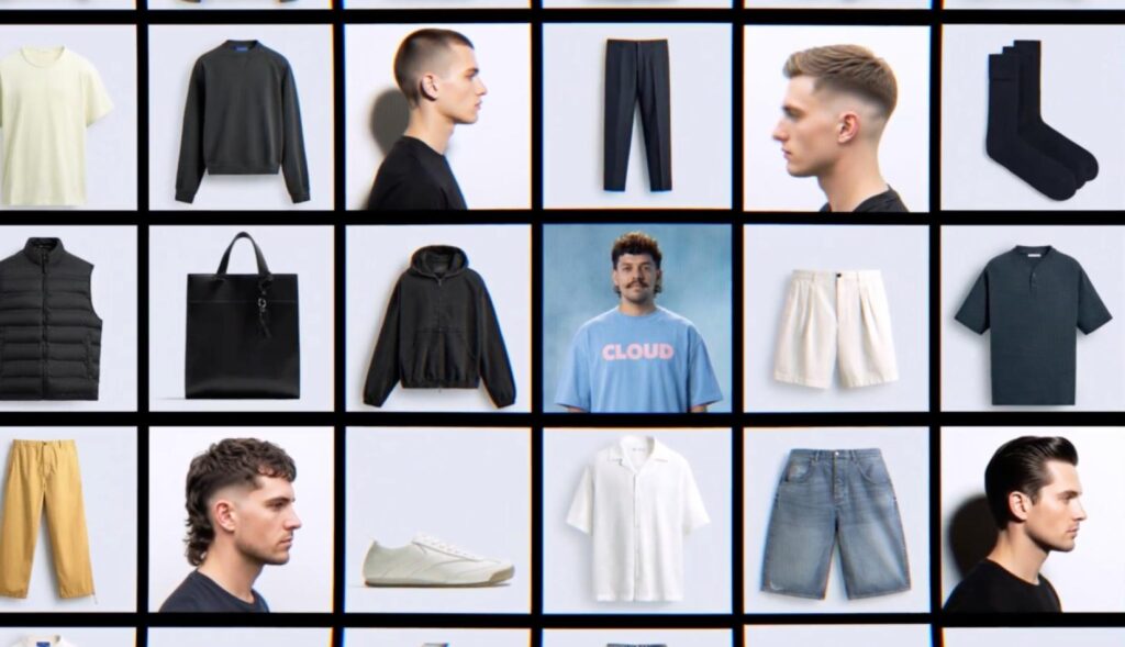 Una interfaz del e-commerce con prendas de ropa intercaladas con peinados de hombre