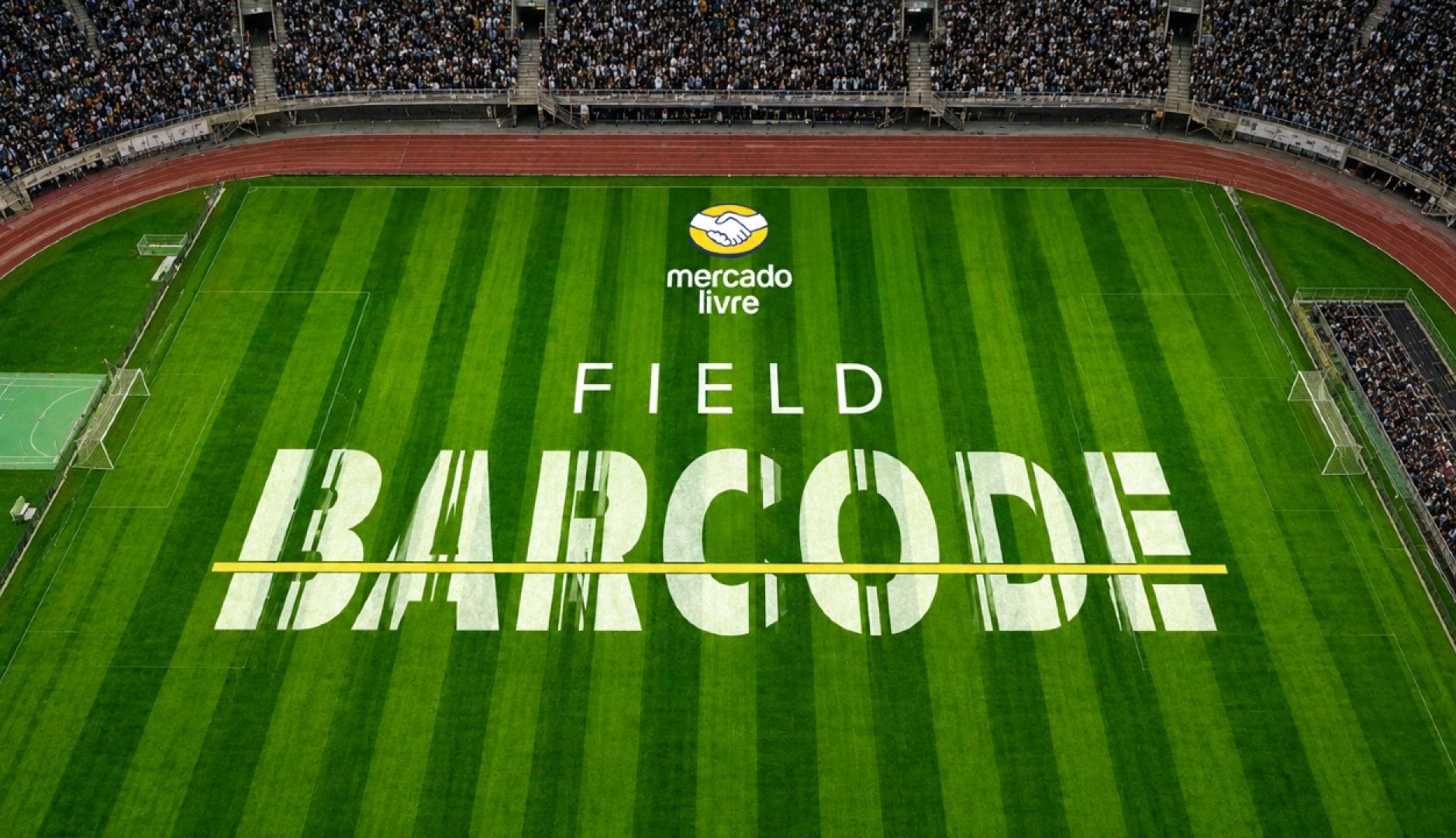 Un campo de fútbol con las letras Field Barcode como un código de barras en blanco
