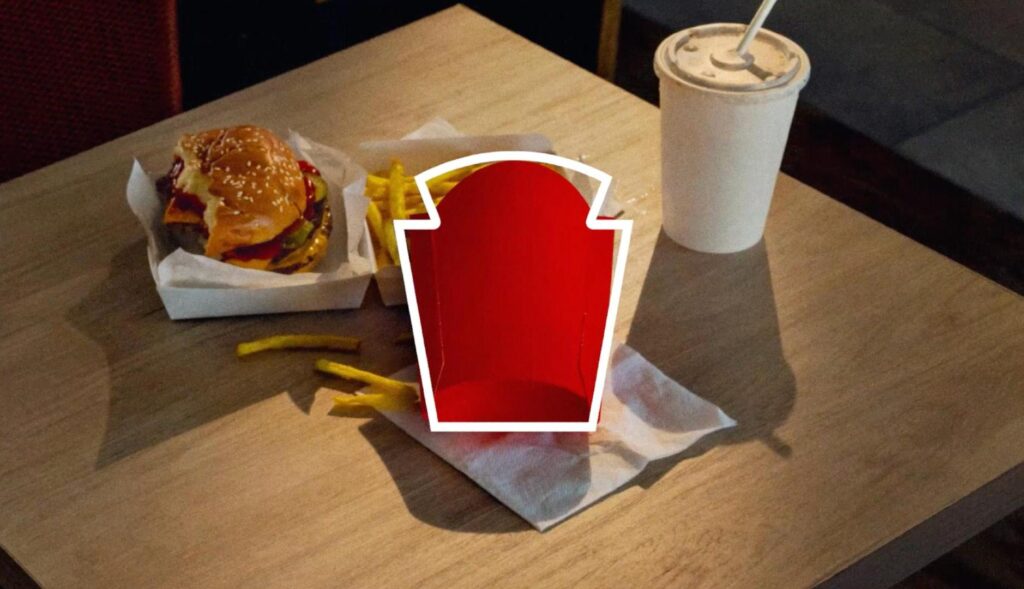 Silueta del logotipo de Heinz sobre caja de patatas fritas