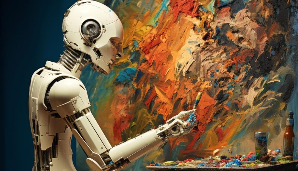 Un robot pintando un cuadro de colores