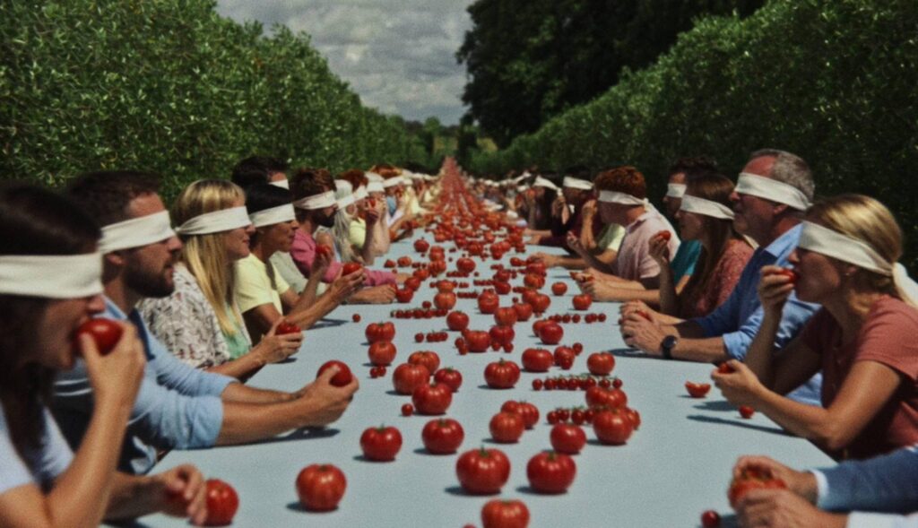 Varias personas sentadas a una mesa con los ojos vendados comiendo tomates