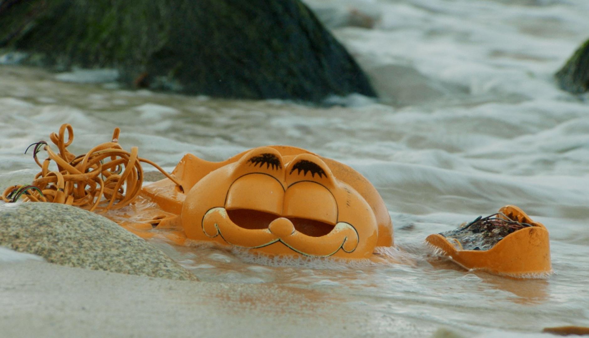 Partes de un teléfono con forma de Garfield en la playa