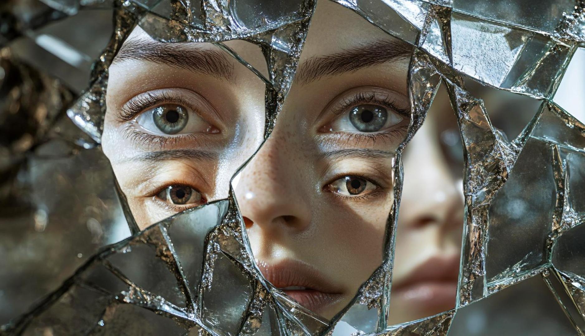 Los ojos y la boca de una chica reflejados en trozos de cristales
