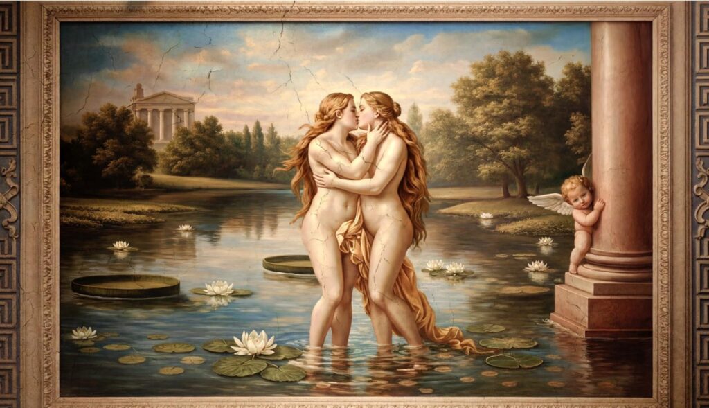 Dos venus besándose en un cuadro