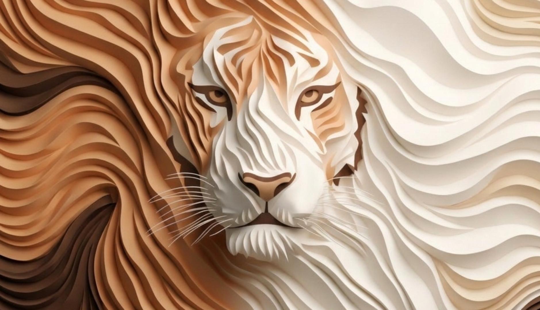 Un león dibujado con ondas marrones y blancas de estilo artístico