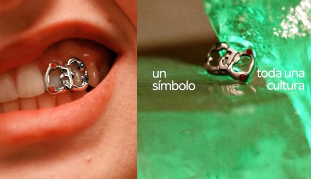 Una imagen de los grillz en los dientes de una chica y sobre unos bloques de hielo verdes