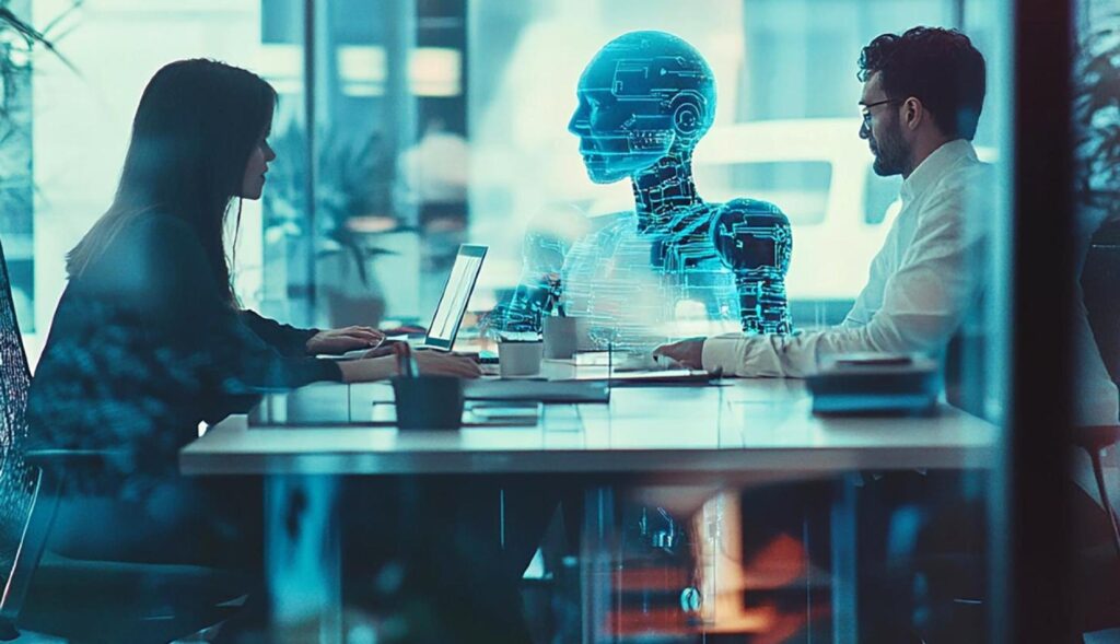 una mujer y un hombre reunidos en una sala con un robot