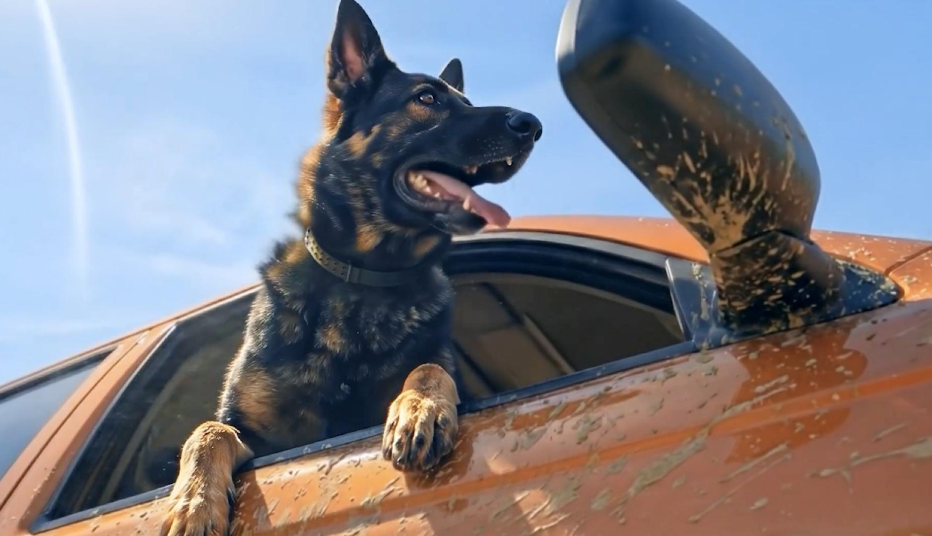 Un perro asomado por la ventanilla de un coche con barro