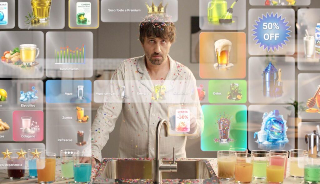 Hombre rodeado de anuncios digitales