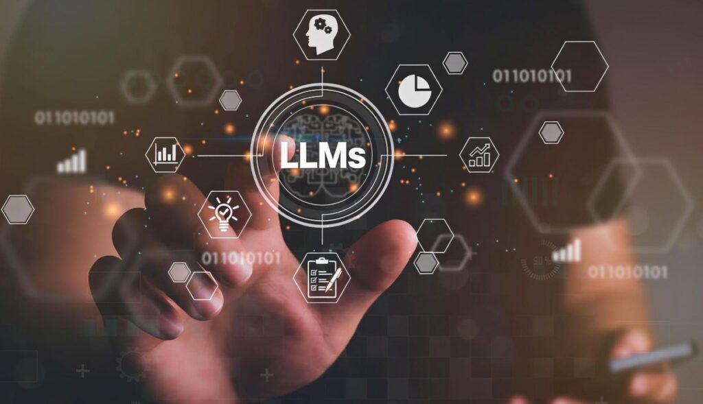 Una mano tocando un grafismo en el que se lee LLMS
