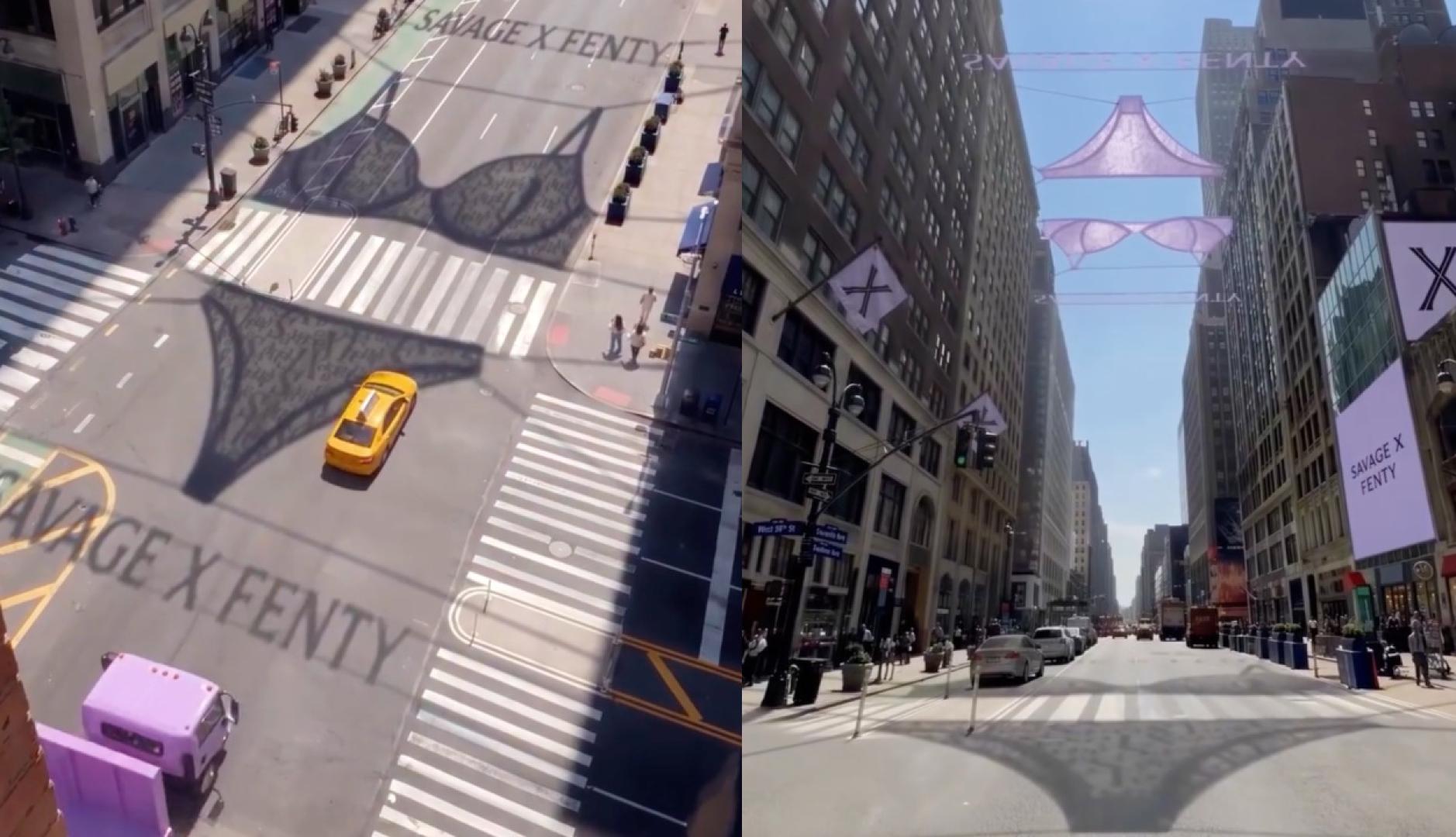 Savage X Fenty projects giant lingerie on the streets of New York playing with the sunlight
