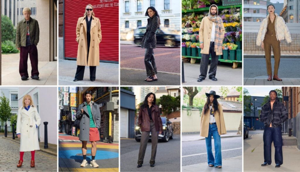 Una cuadrícula que muestra a 10 personas vistiendo de Burberry en la calle
