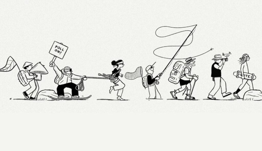 Viñeta de personas en fila en blanco y negro, representando diferentes personalidades que van a votar
