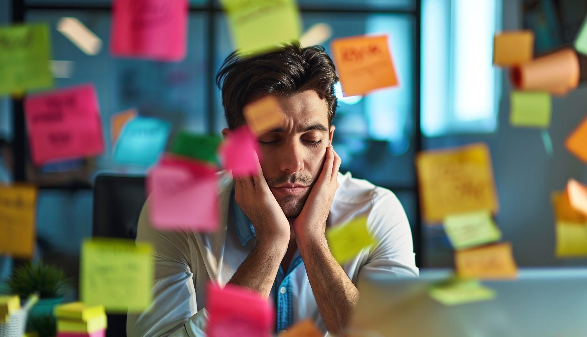 Hombre en la oficina rodeado de post-its