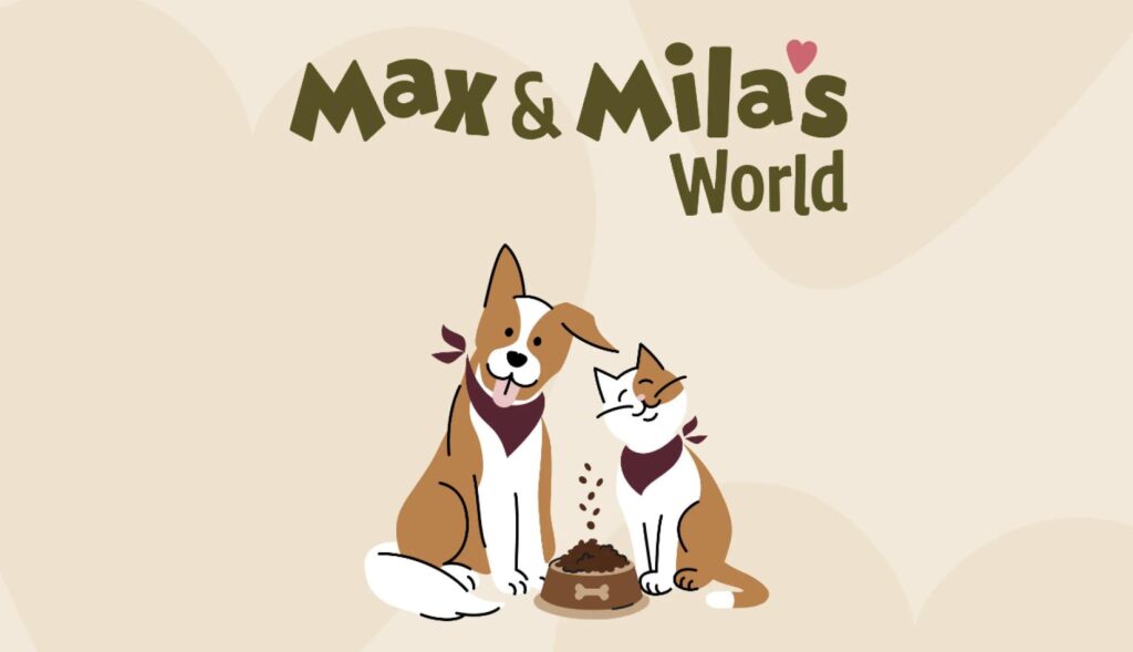 El dibujo de Max y Mila, un perro y un gato junto a un cuenco de pienso