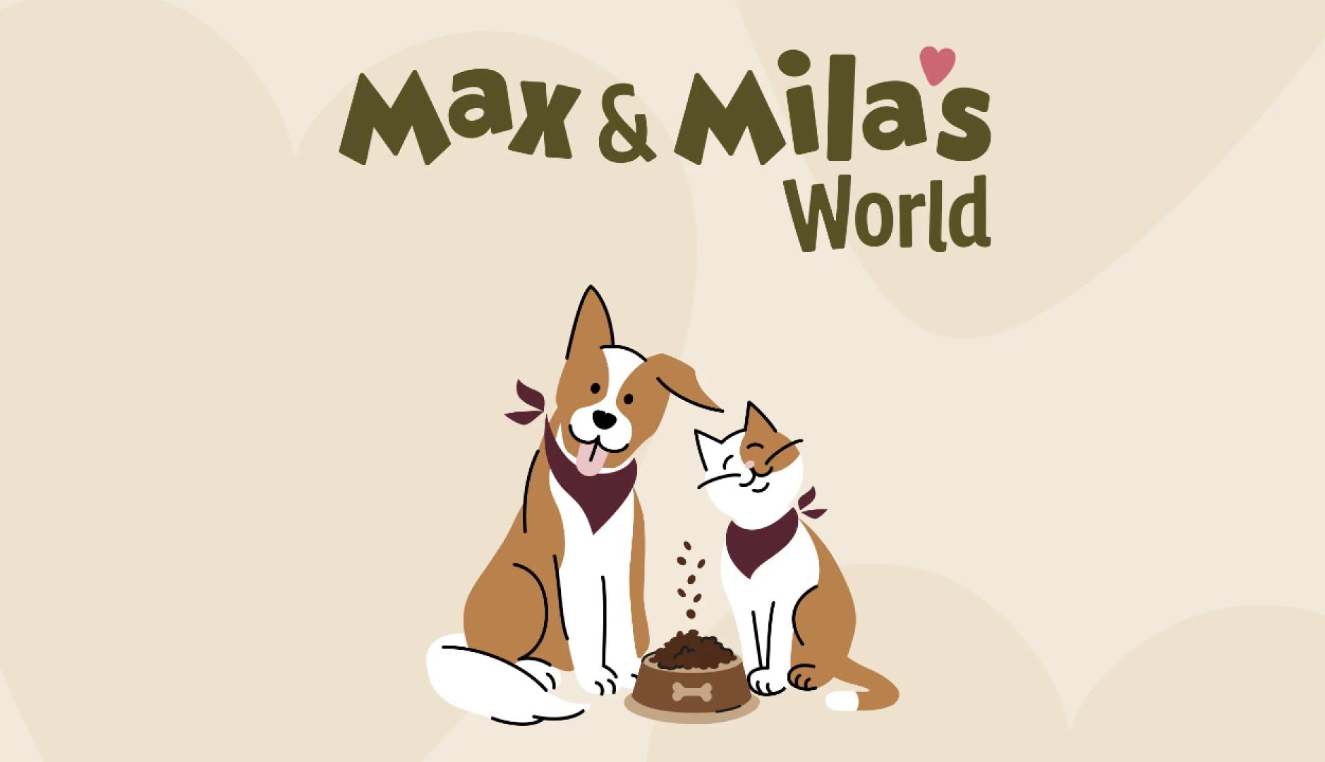 El dibujo de Max y Mila, un perro y un gato junto a un cuenco de pienso