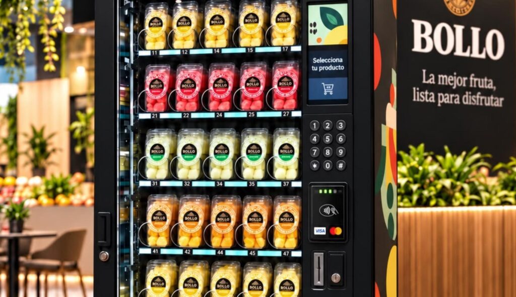 Una máquina de vending con botes de fruta cortada