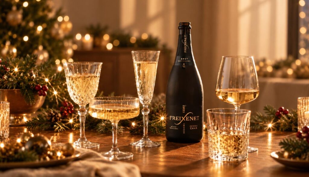 Un bodegón de mesa navideña con la botella de Freixenet negra y diferentes tipos de copas