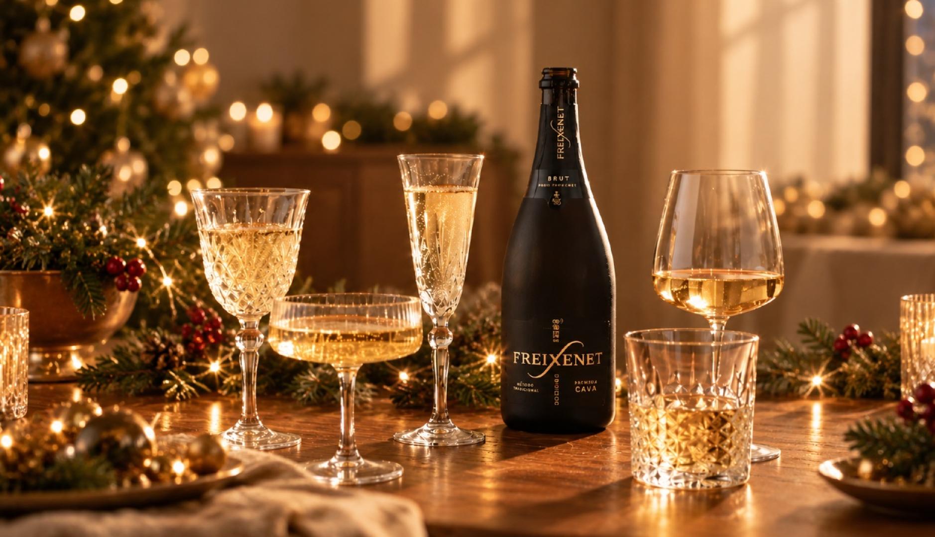 Un bodegón de mesa navideña con la botella de Freixenet negra y diferentes tipos de copas