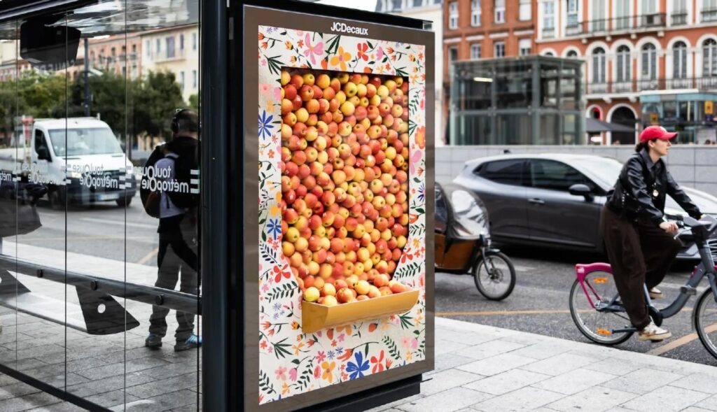 La marquesina de JCDecaux con las manzanas saliendo por abajo