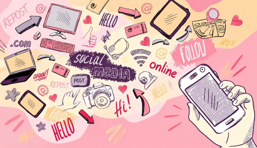 Un collage tipo dibujo con iconos y palabras relacionadas con las redes sociales y una mano con un teléfono móvil