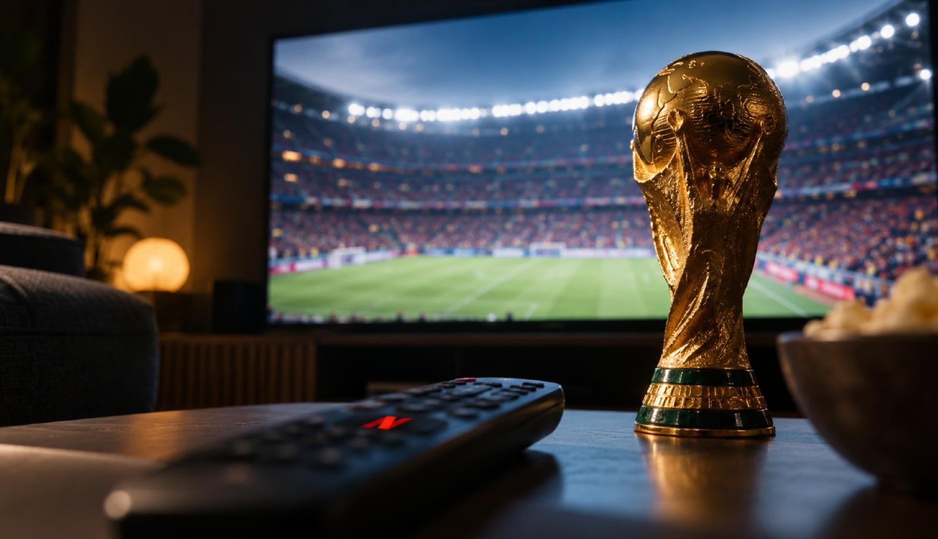 Una mesa con el mando de la TV y el botón de Netflix, de fondo una televisión con el fútbol y al lado el trofeo de la Copa del Mundo