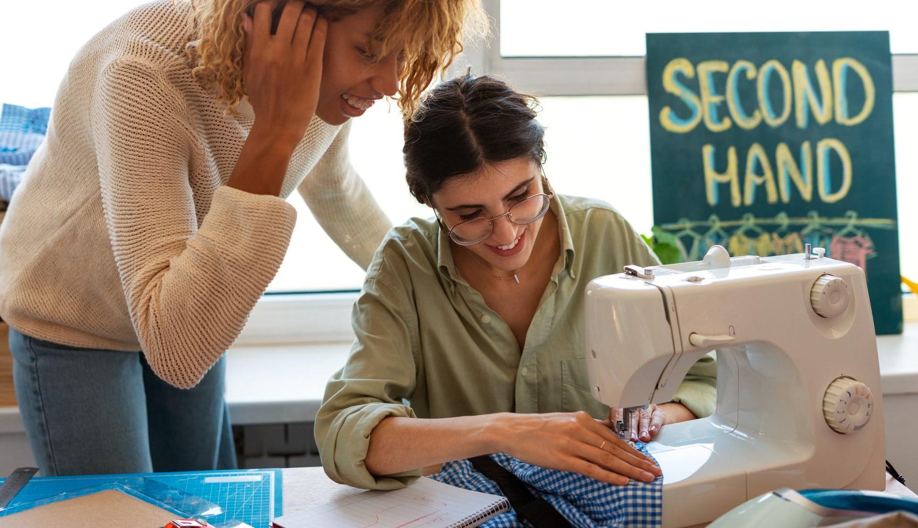 Dos jóvenes cosiendo ropa con una máquina