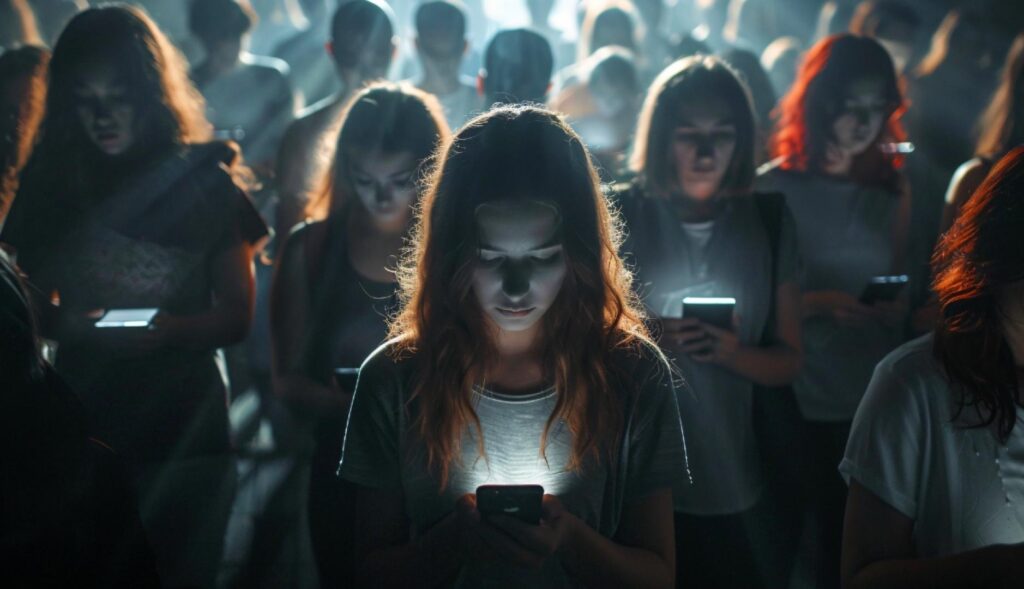 Muchas adolescentes mirando el móvil en un ambiente sombrío y lúgubre