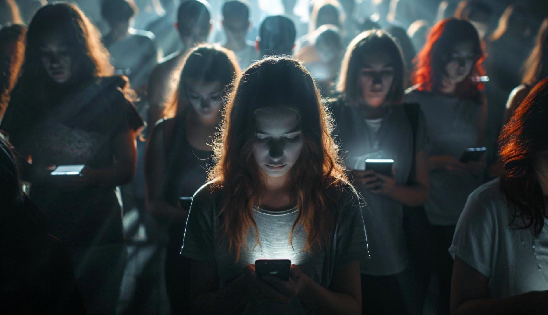 Muchas adolescentes mirando el móvil en un ambiente sombrío y lúgubre