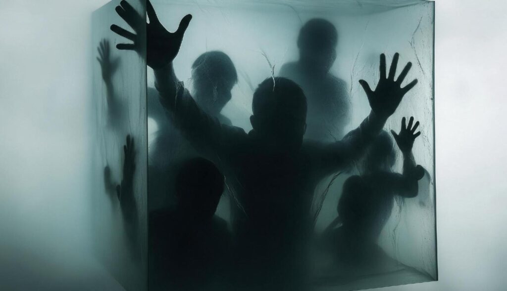 Sombras de personas dentro de un cubo de cristal, intentando salir